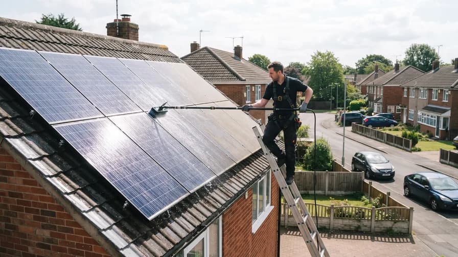 Cleaner washing solar panels on a house roof.